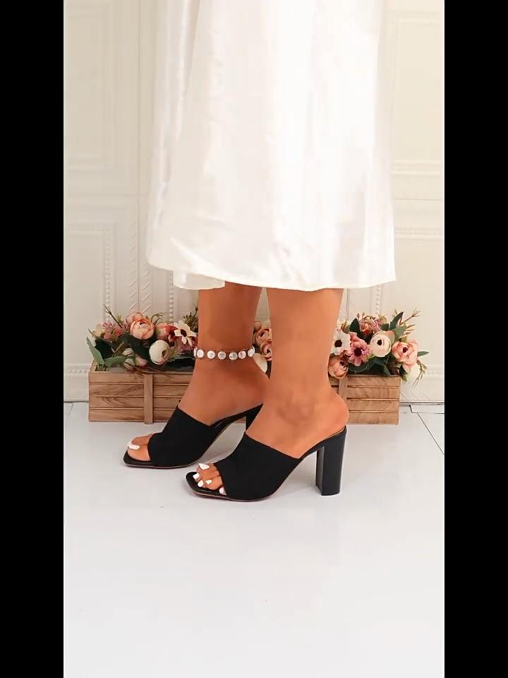 Plus Size Women’s Summer Block Heel Sandals Fashion Square Toe Slip-on High Heel Slippers