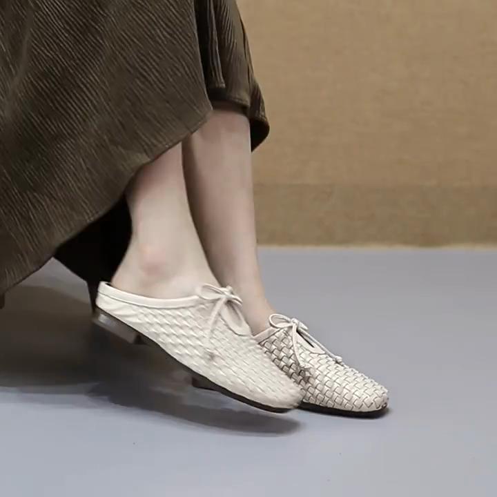 Johnature Pantofole da esterno intrecciate in vera pelle stile retrò, scarpe slip-on da donna leggere e versatili