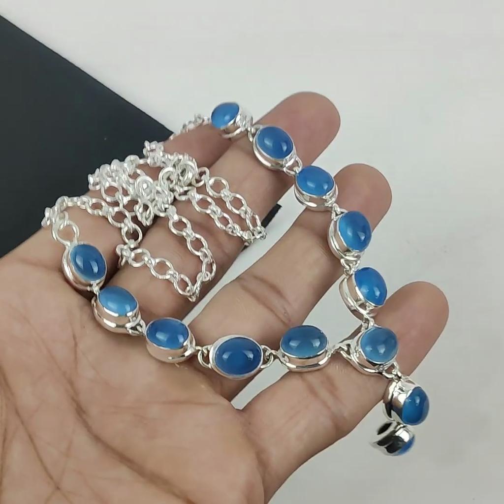 Natural Blue Angelite Gemstone Handmade 925 Sterling Silver Necklace, Blue Angelite Silver Necklace For Wife, Unisex Necklace, Mother's Day Gift