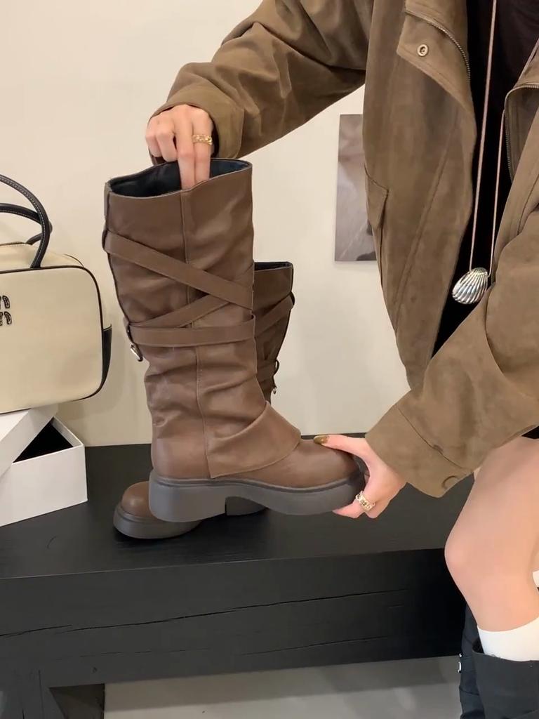 Eilyken Autumn Winter Punk Style Belt Buckle Women Knee High Boots Fashion Round Toe Square Low Heels Long Shoes