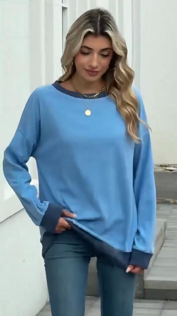 Women's Round Neck Loose Top Long Sleeved Color Blocked Ribbed Sweatshirt