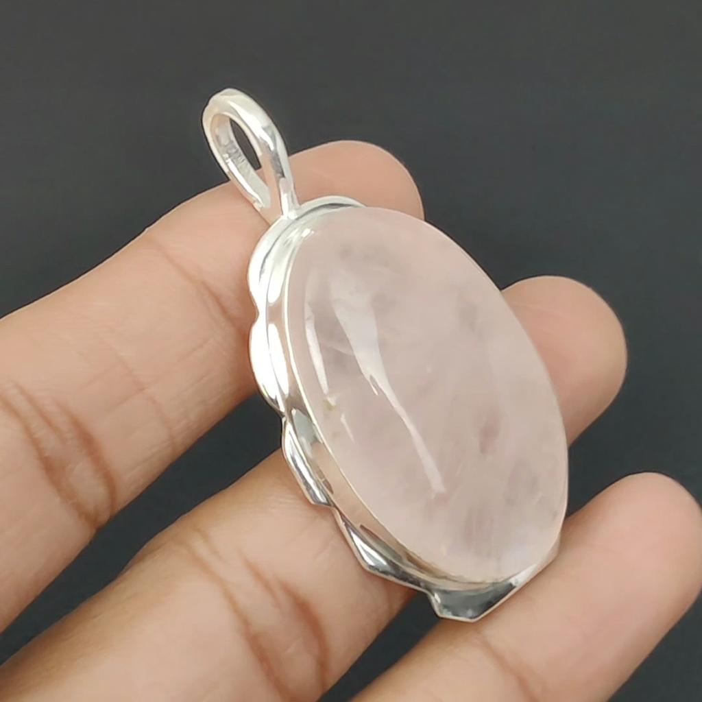 Rose Quartz Gemstone Handmade 925 Sterling Silver Pendant, Natural Rose Quartz Gemstone Pendant, Oval Gemstone Pendant, Gifts For Women