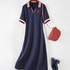Women's Preppy Style Polo-Neck Short Sleeve Dresses Summer Temperament Contrast Color Spliced Casual Dresses Female Clothing