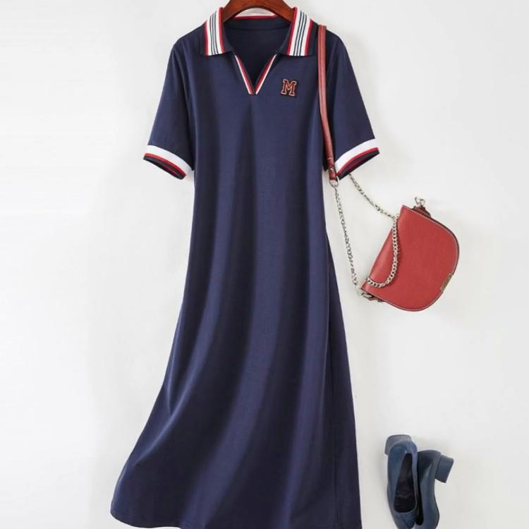 Women's Preppy Style Polo-Neck Short Sleeve Dresses Summer Temperament Contrast Color Spliced Casual Dresses Female Clothing
