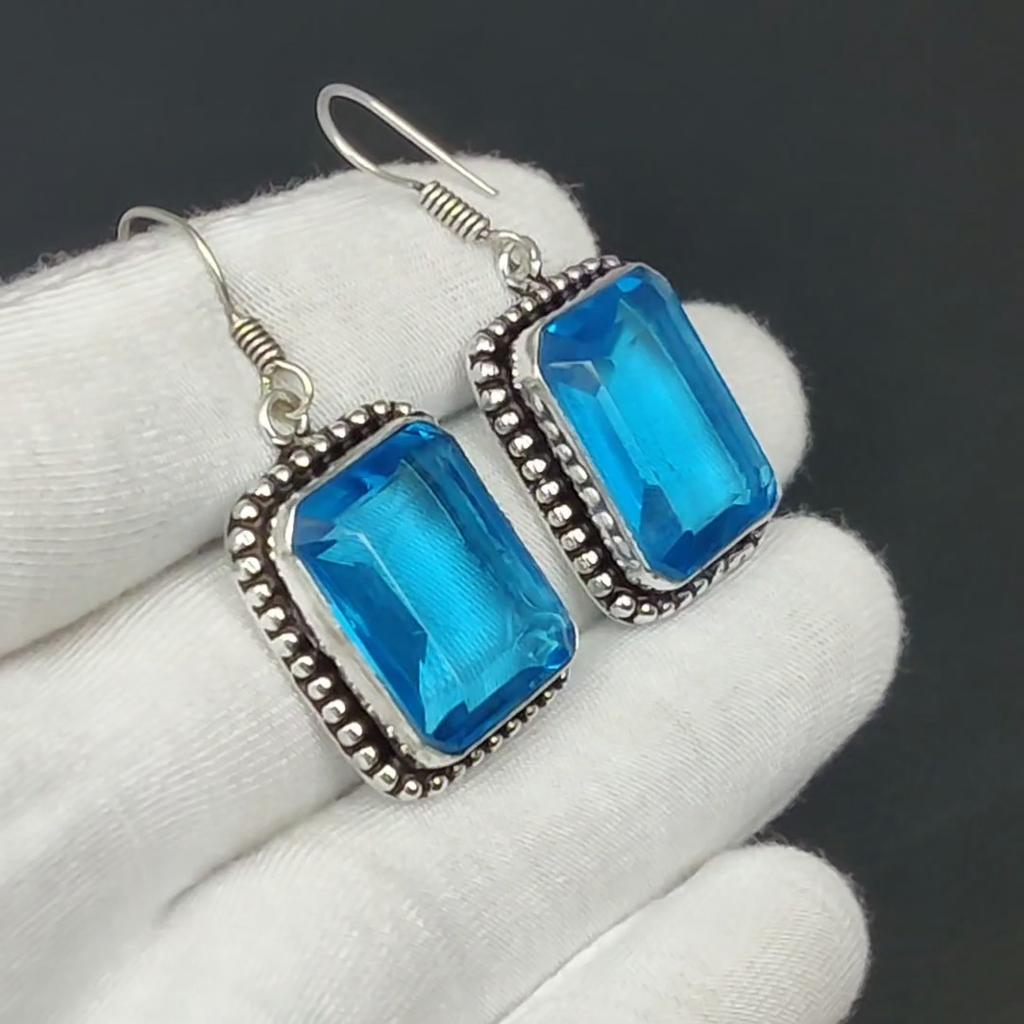 Náušnice s drahokamem Swiss Blue Topaz, Náušnice ze stříbra 925, Stříbrné náušnice Boho Jewelry, Náušnice Bohémské Dárky, Náušnice pro ženy