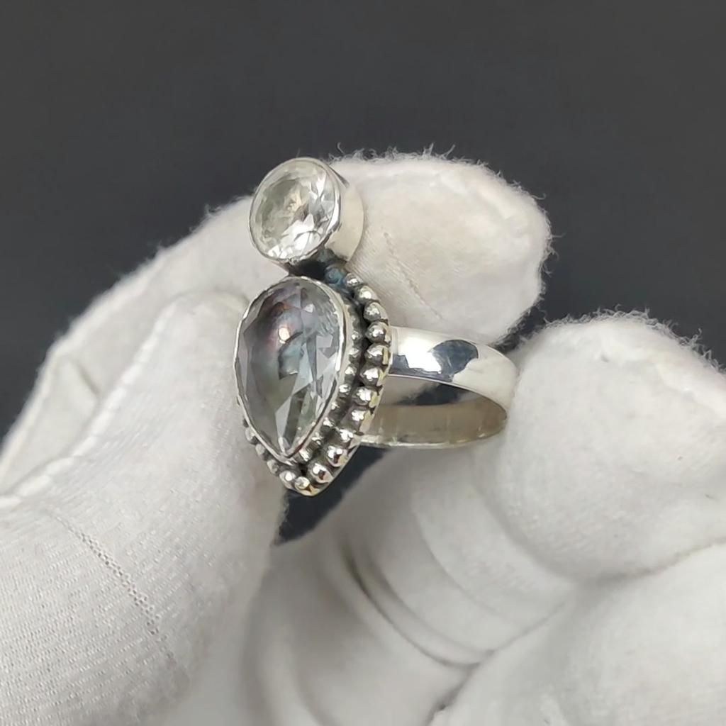 White Topaz Adjustable 925 Sterling Silver Ring - Fits US Sizes 6 To 10 - Handmade Boho Jewelry for Women & Men, Valentine Gifts