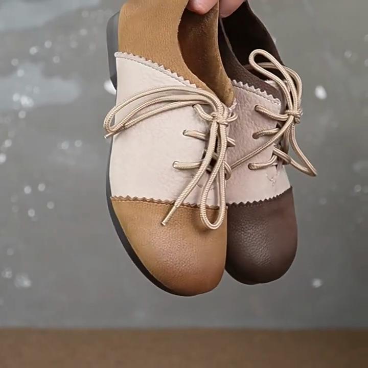 Johnature Cowhide Mixed Colors Casual Flats Comfortable Retro Genuine Leather Lace Up Versatile Women's Shoes