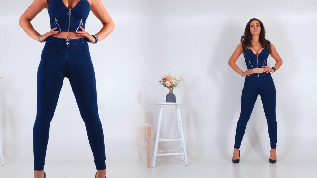 Shascullfites Melody White&Red Side Stripe Dark Blue Denim Jeans Middle Waist Stretch Pants Slim Straight Butt lift Pants