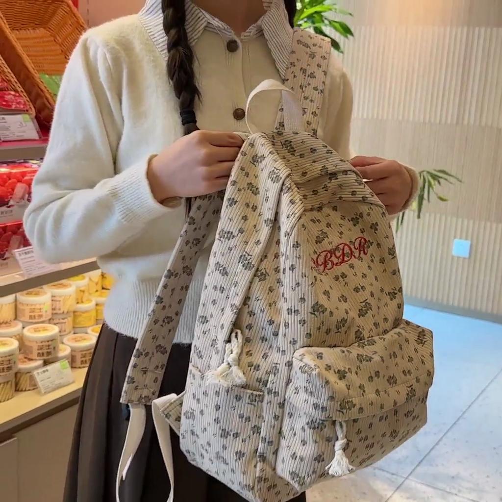 Women's Floral Print Backpack Corduroy Student School Bag Campus Large Capacity Backpack