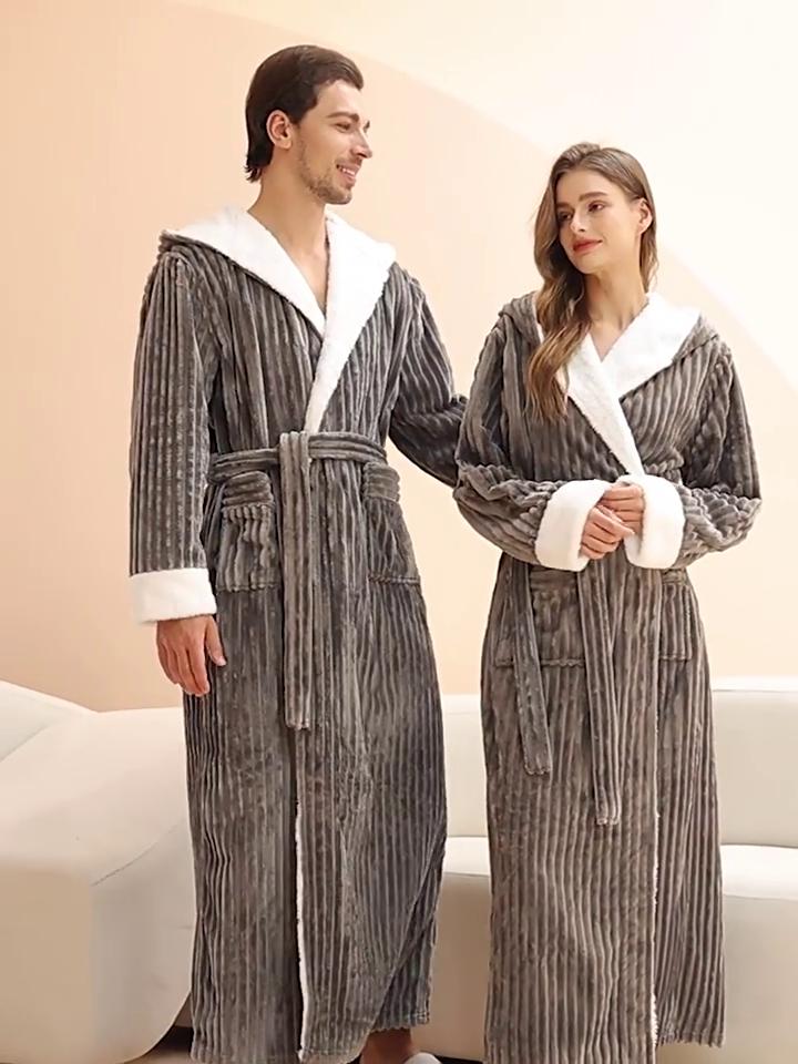 Halat de baie cu glugă, în dungi, pentru toamnă și iarnă pentru cuplu, halat de baie pentru bărbați, cu șireturi, cu buzunare