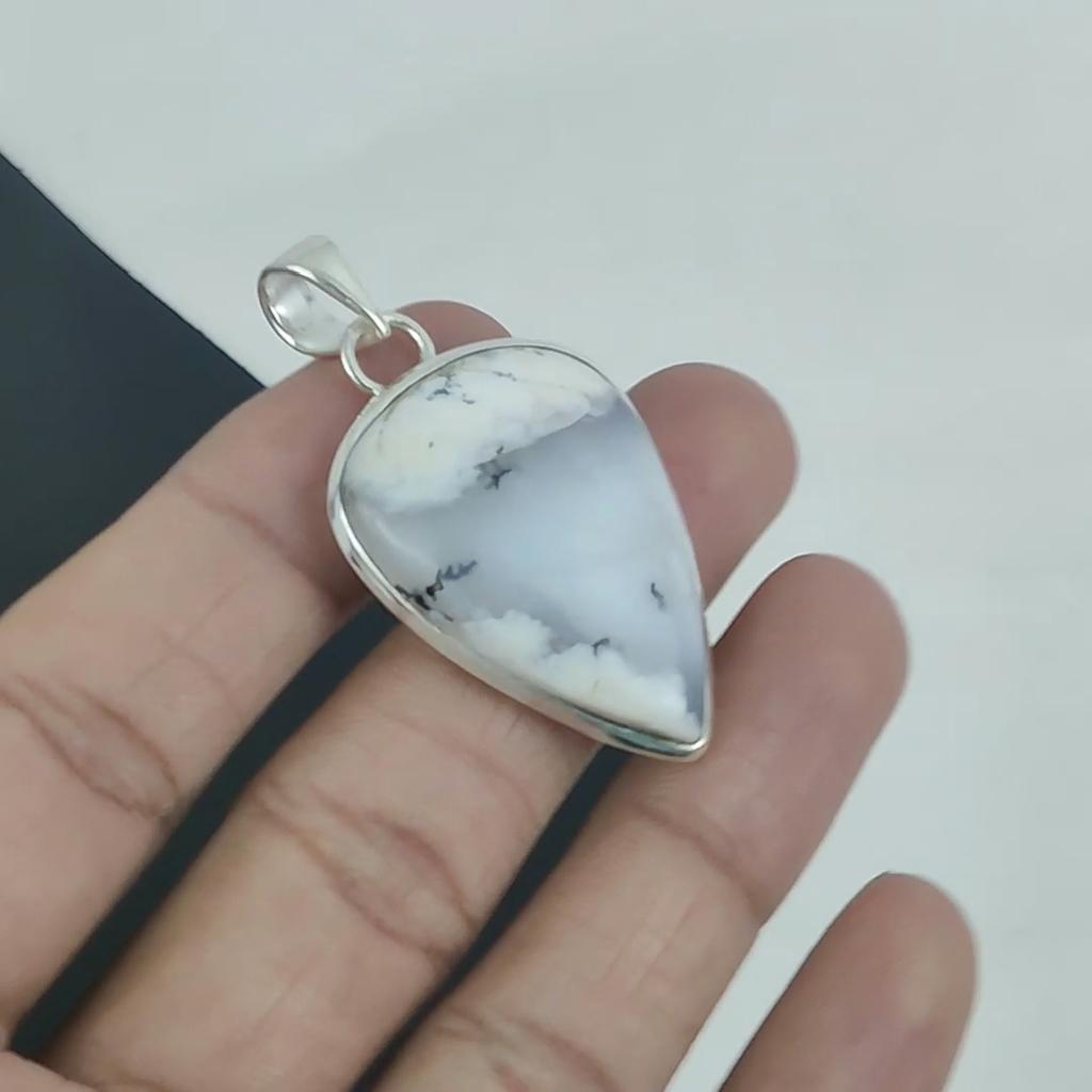 Natural Dendrite Opal Gemstone Silver Pendant in 925 Sterling Silver - Handmade Pear Design, Everyday Wear Jewelry Birthday Gift