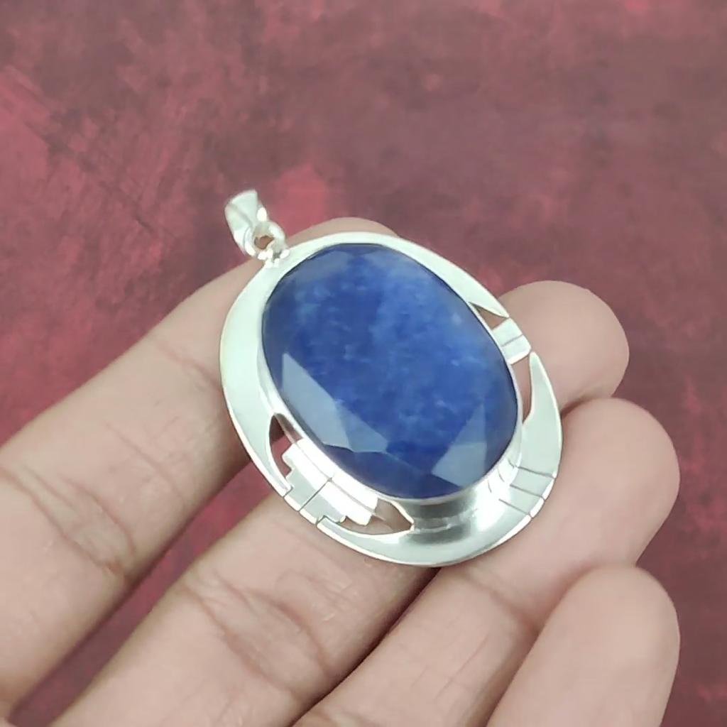 Blue Sapphire Pendant, Handmade Gemstone Pendant, 925 Solid Sterling Silver Pendant Antique Jewelry, For Engagement Gift
