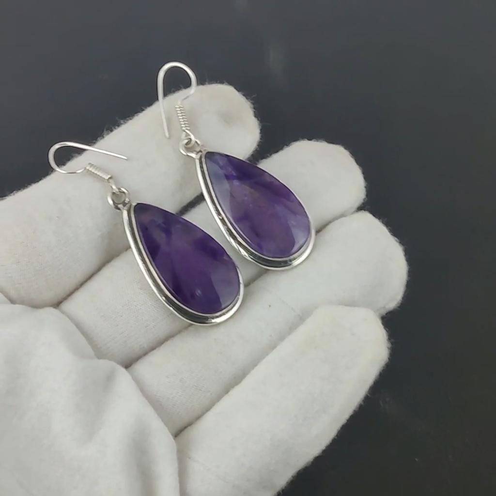 Natural Amethyst Gemstone Antique Earrings 925 Sterling Silver Earring, Boho Silver Jewelry Dangle Earrings, Gifts For Party Wear Gifts For Her