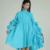 Johnature Summer Shirt Dresses Fashionable Loose Irregular Shirred Balloon Sleeve Large Swing 6 Colors All Match Dress