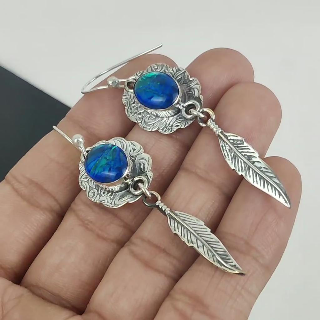 Dainty Australian Triplet Opal Gemstone Earrings, 925 Sterling Silver Earring, Handmade Boho Silver Jewelry Dangle Earrings, Gift For Her