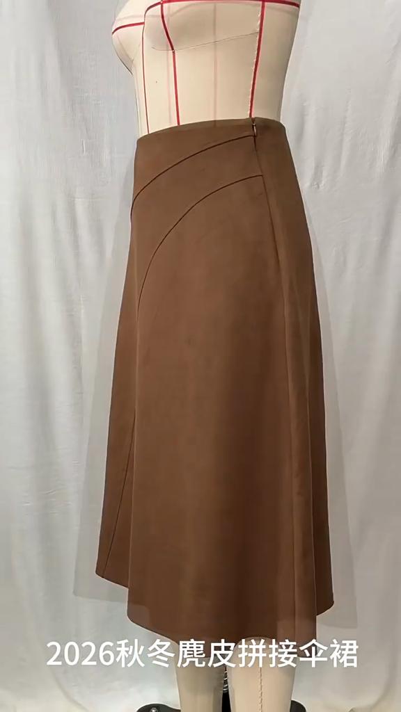Damen Unifarbener Patchwork Wildleder Reißverschluss Rock Hohe Taille Schnalle Umwickelte Hüfte Kurzer Rock Mittellanger Rock