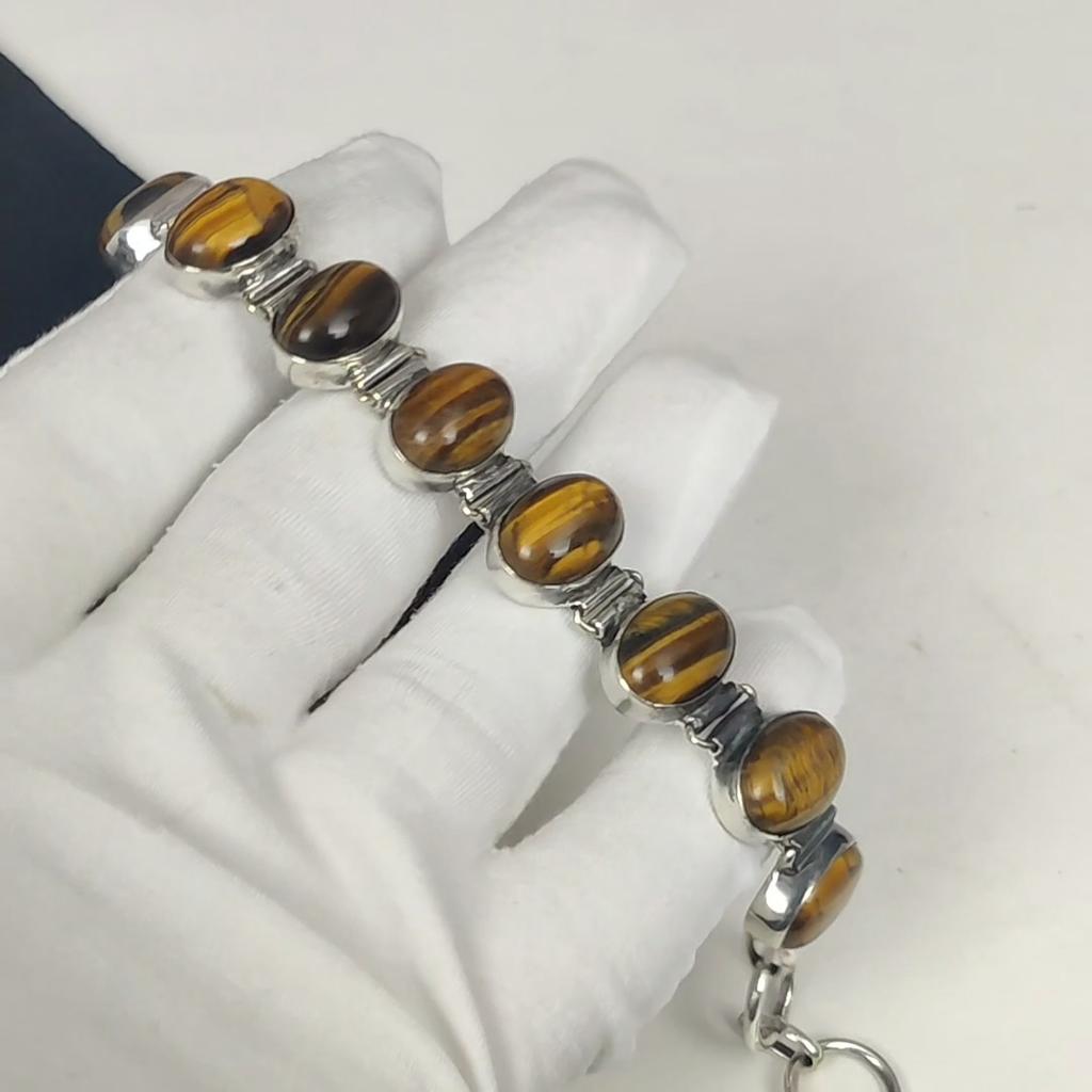 Brățară Handmade din Argint Sterling 925 cu Piatră Prețioasă Ochi de Tigru Natural, Brățară Ochi de Tigru Pentru Soție, Brățară Unisex, Cadou de Ziua Recunoștinței