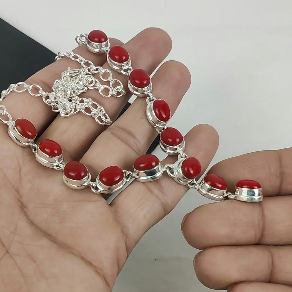 Natural Red Coral Gemstone Handmade 925 Sterling Silver Necklace, Red Coral Silver Necklace For Wife, Unisex Necklace, Love Gift
