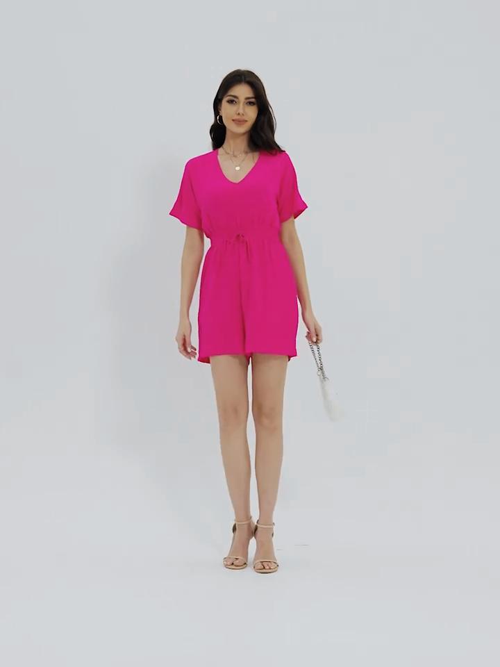 Solid V Neck Romper, Elegant Short Sleeve Shirred Waist Jumpsuit For Spring & Summer, Women's Clothing
