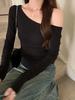 Sweet and Spicy Slanted Shoulder Sexy Long-sleeved T-shirt for Women In Early Autumn New Tight Waisted One-line Collar Personalized Top