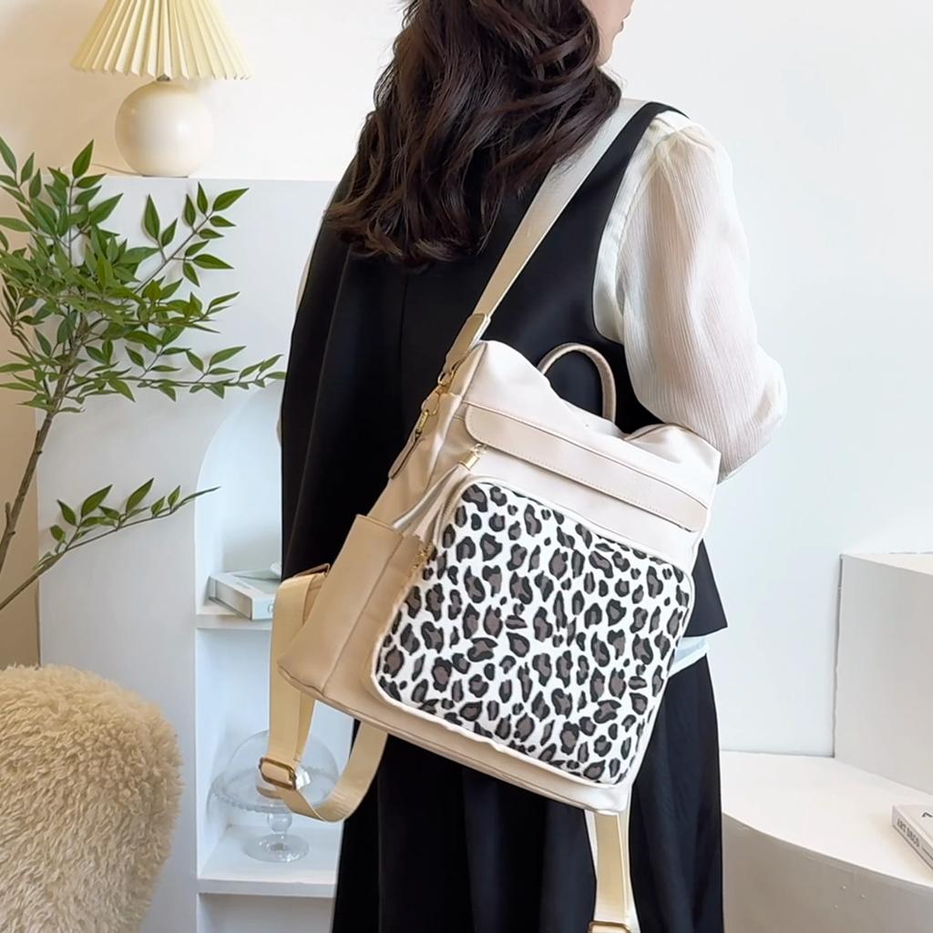 Vintage Leopard Print Stitching Backpack Multi-functional Shoulder Bag Large Capacity Student Backpack