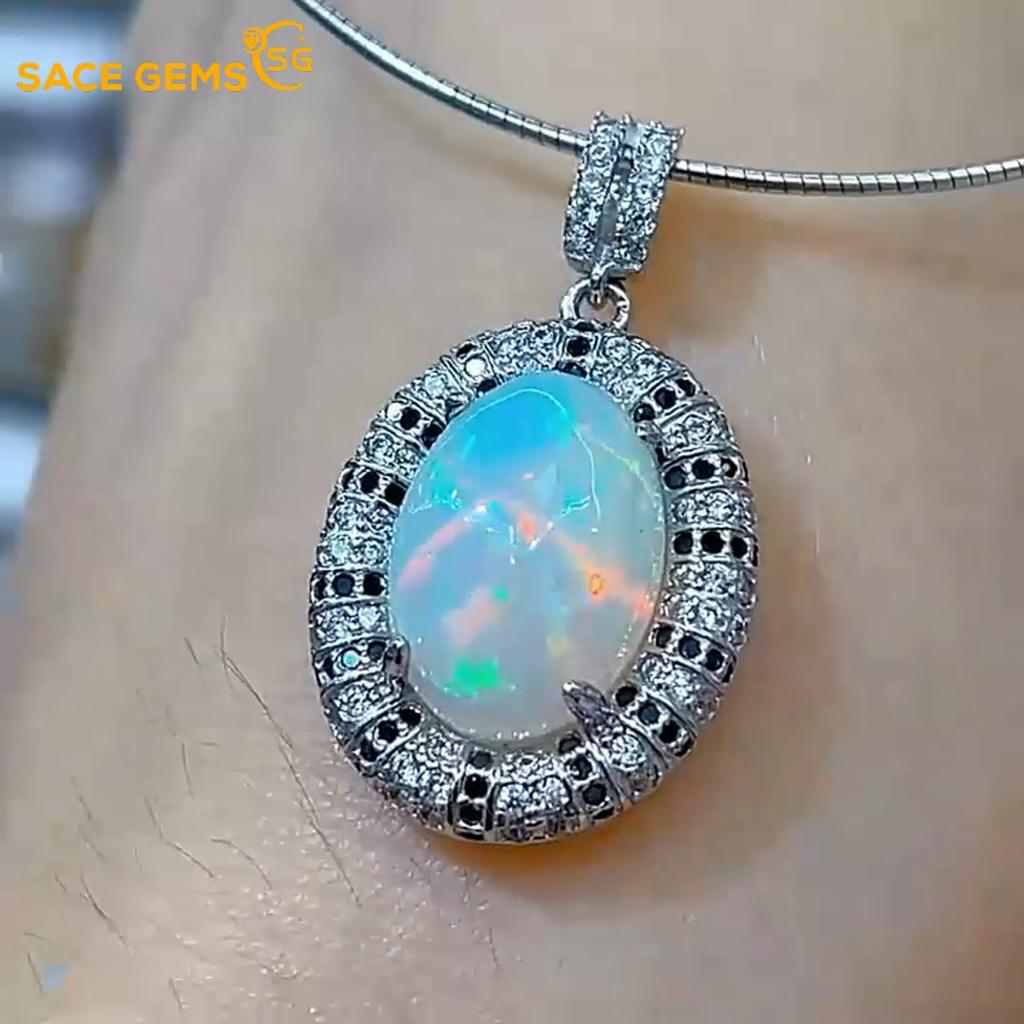 Sace Gems 925 Sterling Silver Certified 10*14MM Natural Opal Pendant Necklace for Women Cocktail Party Fine Jewelry