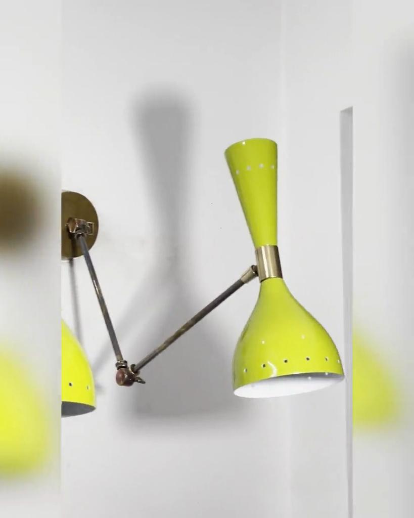 Olive Green Brass Diabolo Wall Sconce Pair: Mid-Century Italian Lighting