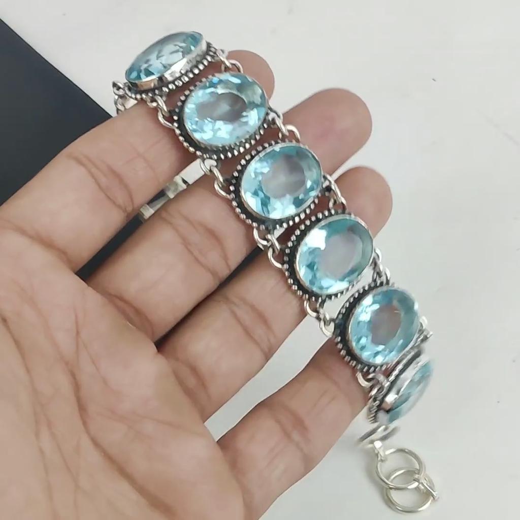 Dainty Aquamarline Gemstone Handmade 925 Sterling Silver Bracelet, Aquamarline Bracelet For Wife , Unisex Bracelet, Party Wear Gift