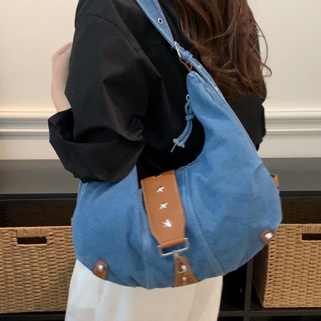Vintage Large Capacity Denim Bag Women's Shoulder Underarm Bag Commuter Crossbody Bag
