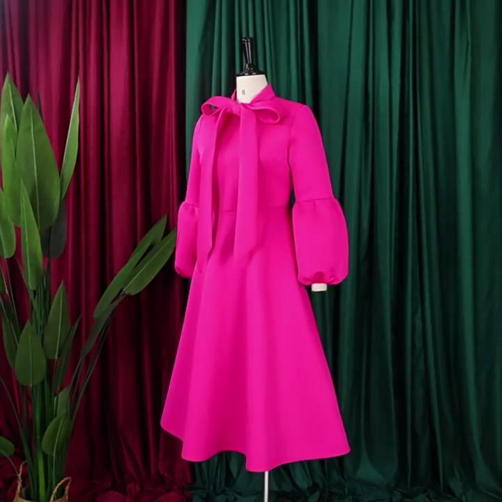 Spring and Autumn Women's Dress Plus Size Fashion Tie Lantern Sleeve High Waist Bowknot Big Swing Dresses
