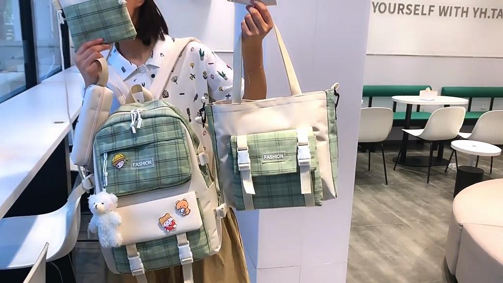 Checkered Elementary School Student Backpack Female Backpack 5-piece Set Backpack