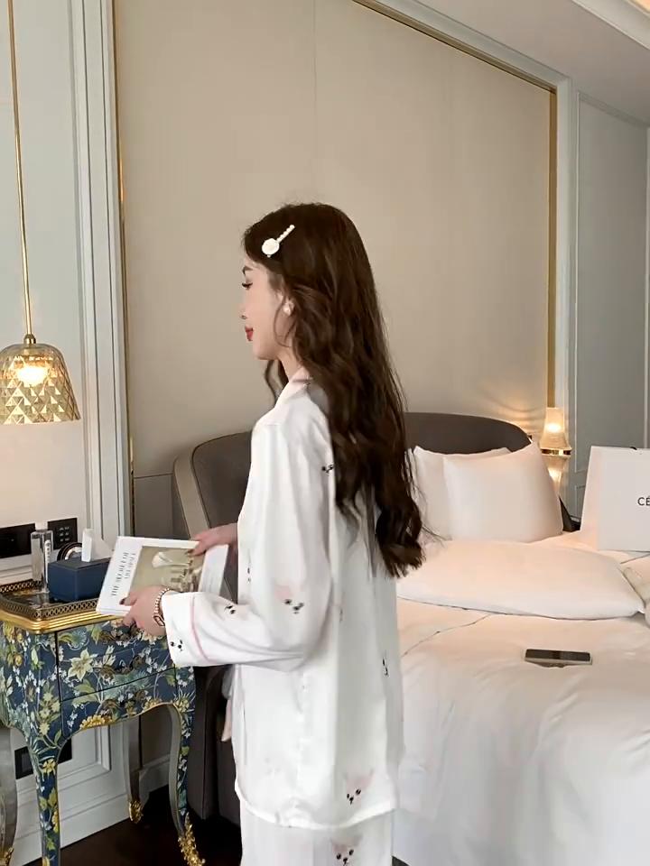 Damen Frühling und Herbst Ice Silk Pyjama Set Damen Sommer Dünn Cartoon Loungewear Zweiteilige Langarm Lange Hosen Homewear