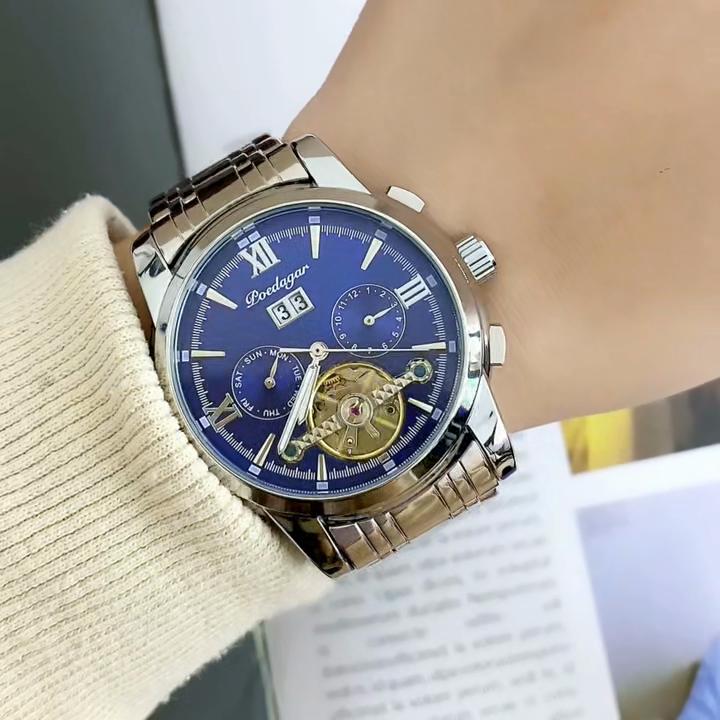 POEDAGAR Automatische mechanische Herrenarmbanduhr Hohl-Tourbillon Edelstahl-Uhr Wasserdicht Leuchtend Datum Uhren