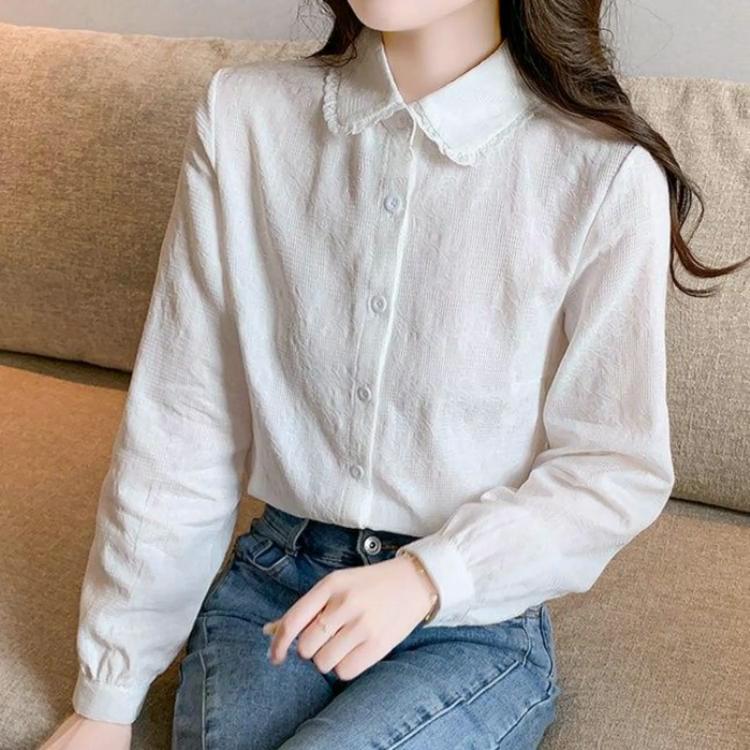 Spring and Autumn New Jacquard Design Sense Pure Cotton Shirt Women's Western Style Simple Age Reducing Long Sleeve Bottom Shirt