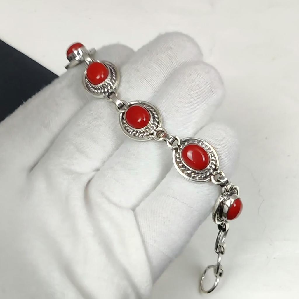 Natürlicher Roter Korallen Edelstein Handgemachtes 925 Sterling Silber Armband, Rotes Korallen Armband für Frau, Unisex Armband, Jahrestag Geschenk