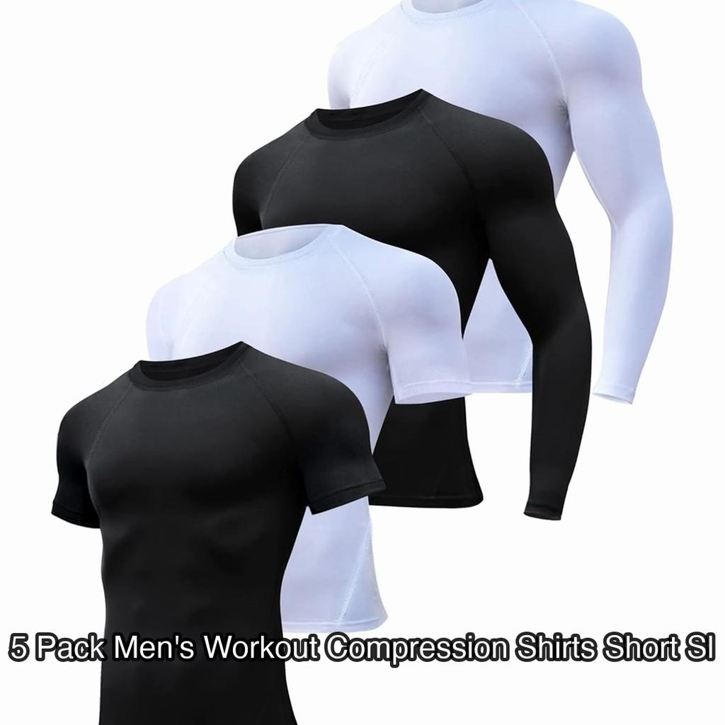 5 Pack Men's Workout Compression Shirts Short Sleeve Shirts, Black, Blue, White