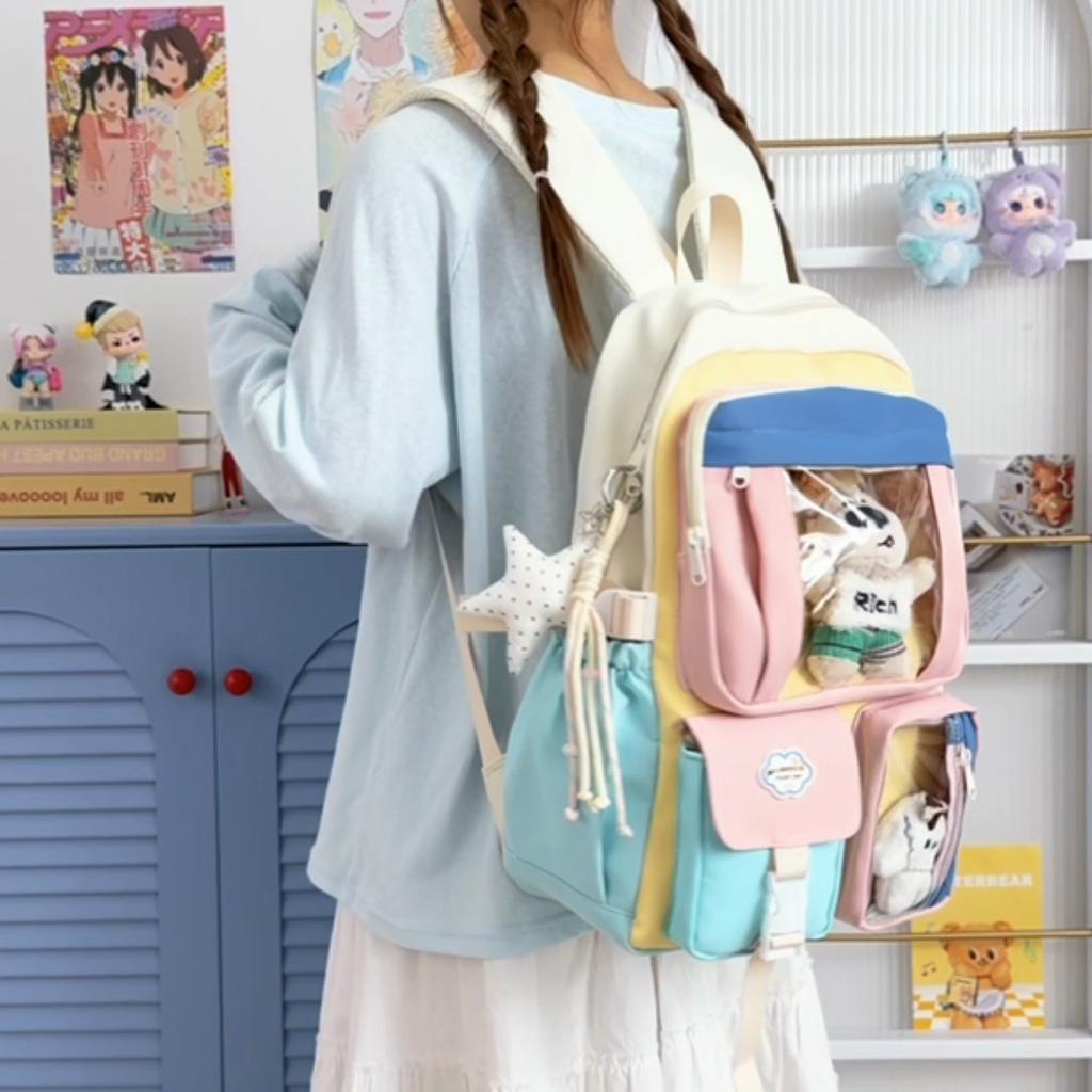 Color Block Student Schoolbag Multi-functional Large Capacity Backpack Lightweight Travel Backpack