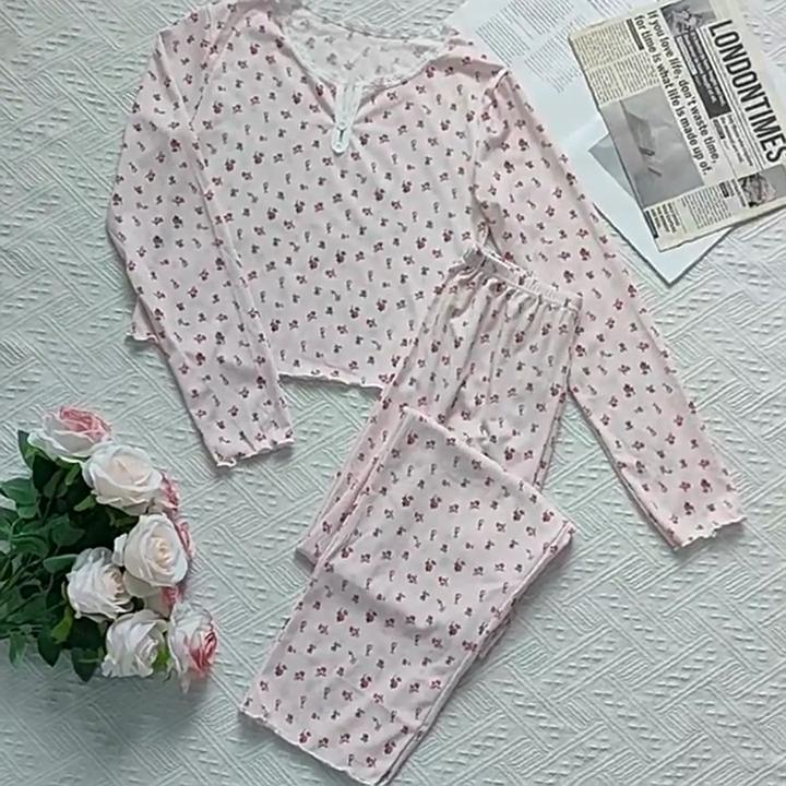 Europäischer und Amerikanischer Stil Damen Herbst- und Winter-Pyjama-Set Blumenmuster Langarm-Oberteil und Lange Hose Mode Lässige Loungewear
