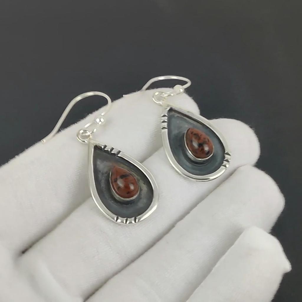 Natural Mahogany Obsidian Gemstone Earrings, 925 Sterling Silver Earring, Handmade Boho Silver Jewelry Dangle Earrings, Birthday Gift