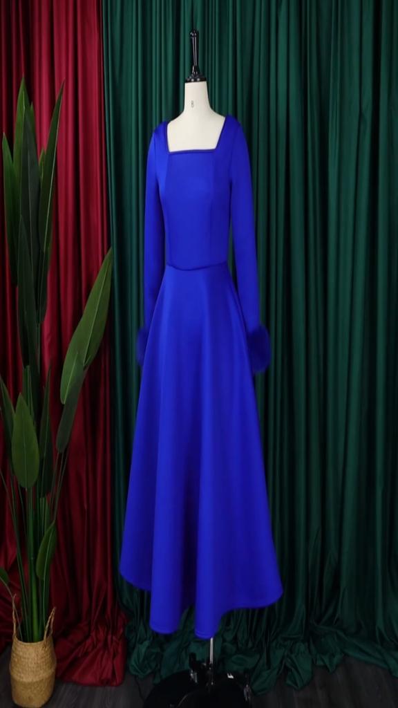 Women Elegant Party Dresses Square Neck Long Sleeve High Waisted Pleated A Line Mid Calf Luxury Birthday Dress Robe