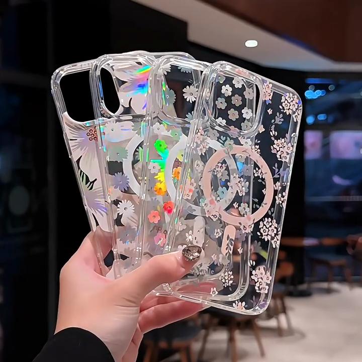 Transparent acrylic laser diamond set flowers Phone Case For iPhone 16 14 13 15 Pro Max Anti-drop Airbag Shockproof Phone Cover
