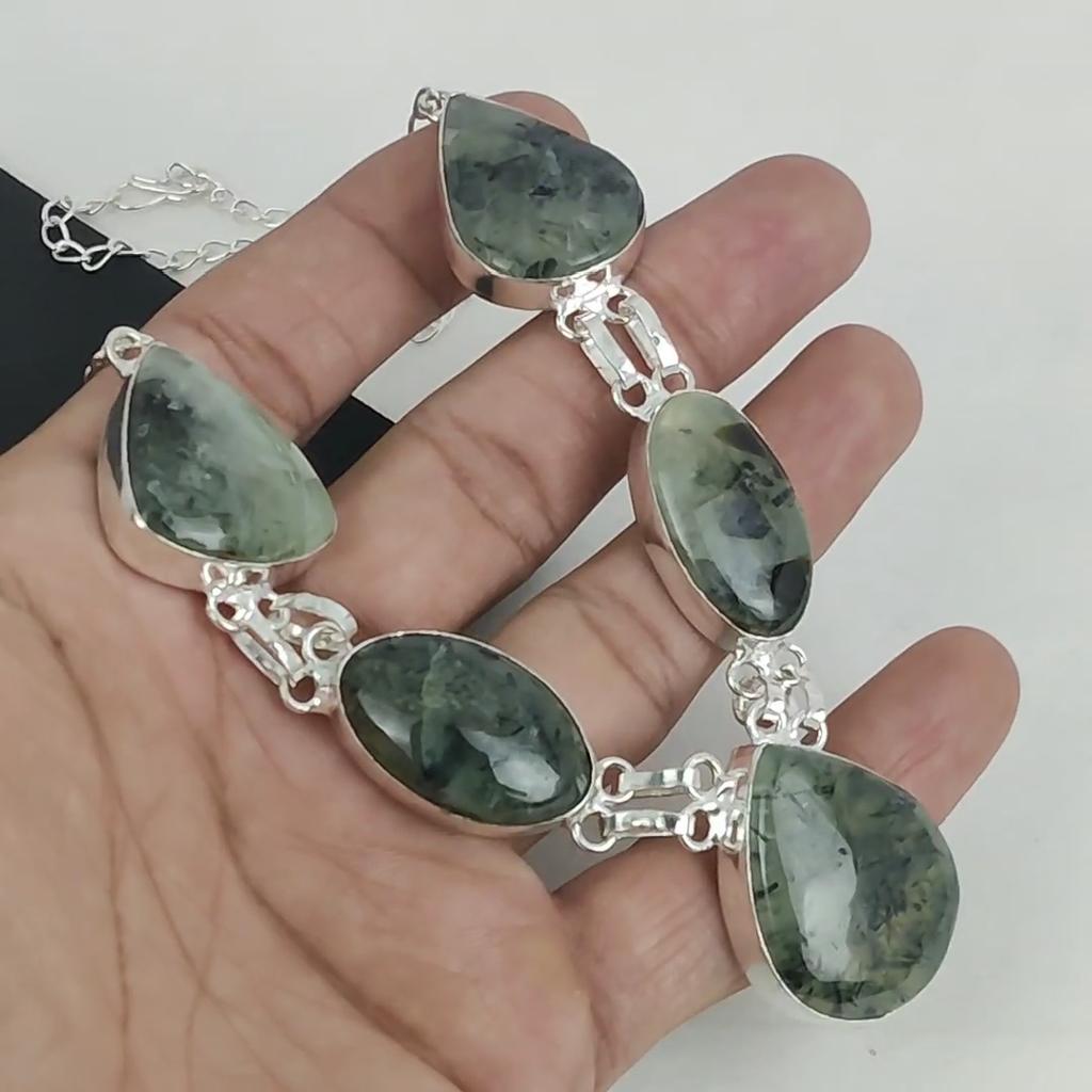 Natural Prehnite Gemstone Handmade 925 Sterling Silver Necklace, Prehnite Silver Necklace For Wife, Unisex Necklace Anniversary Gift