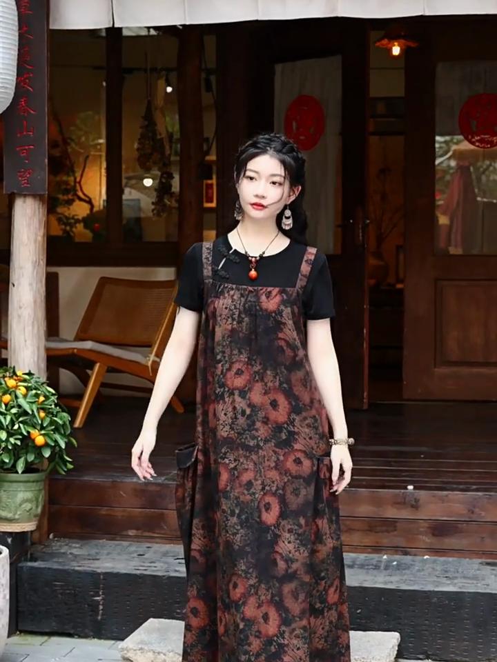 Johnature Dámská jarní móda Ležérní vintage styl Volné šaty Niche Devise Abstraktní potisk Šaty na šle