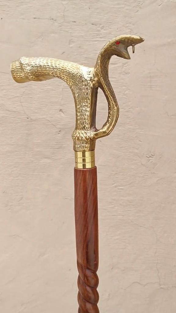 Brass Polish Handle Walking Stick Wood Snake Walking Cane W/Etched Ring Cobra Brass Knob Handle Vintage Rope Spiral Stick Cane Gift