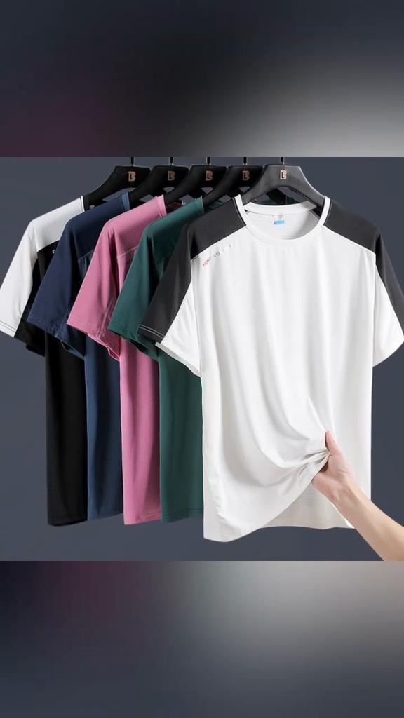 (L-5XL)Summer Ice Silk Quick Dry Sport T-shirt Camping Hiking Fishing Short-Sleeved Shirt Man Casual Loose Round Neck Gym Fitness Tops