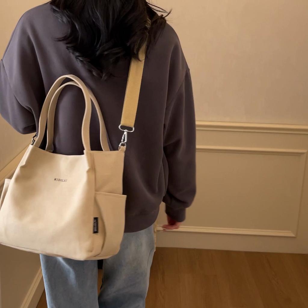 Commuter Canvas Bag Women Shoulder Crossbody Bag Solid Color Shopping Bag