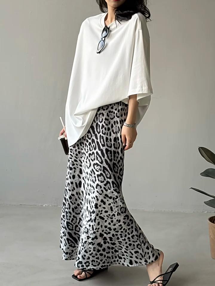 Johnature Summer Light Leopard Print Slit Skirts Women Summer Casual Loose Skirts