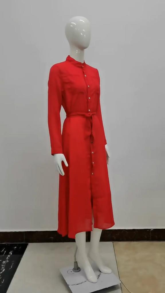 New Fashion Long Sleeve Plus Size Chiffon Dress Women Clothing Solid Button Up Lace-up Midi Loose Dress Woman Elegant Round Neck Casual Dresses 24772