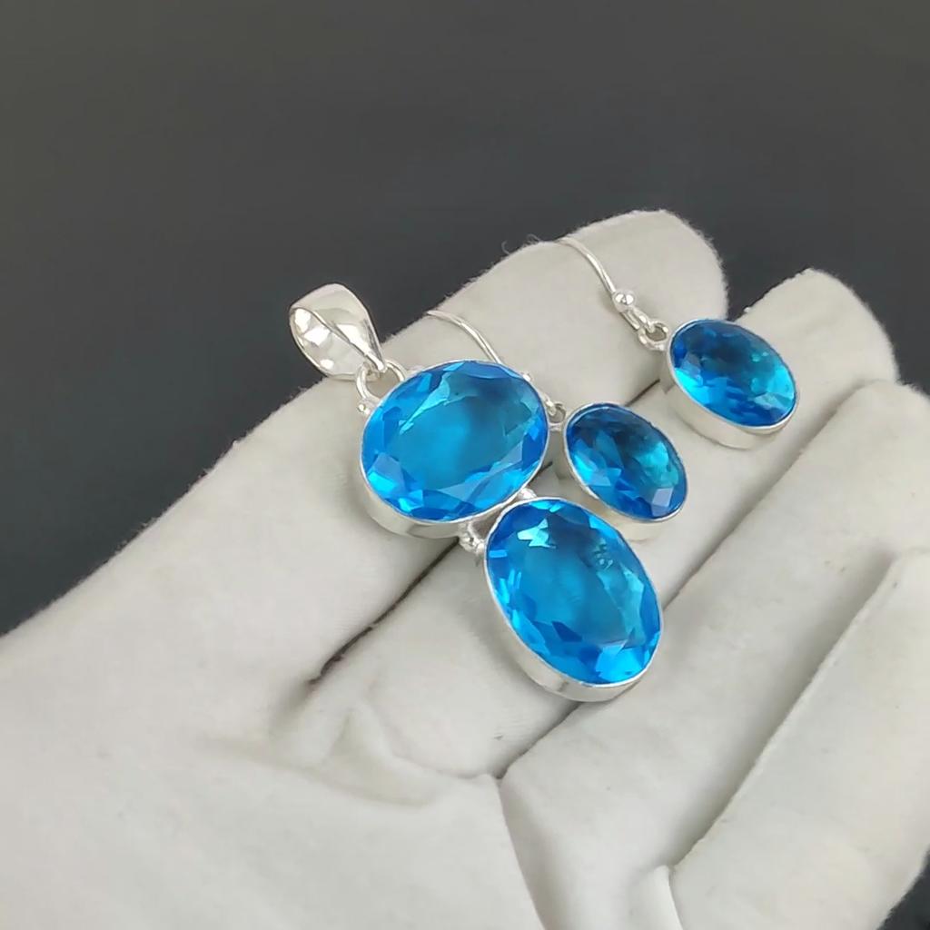 Siwss Blue Topaz Pendant Set, Siwss Blue Topaz Gemstone Handmade 925 Sterling Silver Earring Pendant Set For Women Pendant Birthday Gift