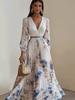 Women's Floral V Neck Maxi Dress 3/4 Bell Sleeve Tie Waist A Line Elegant Summer Long Dress